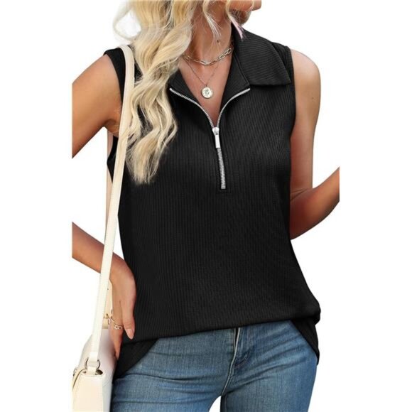 Womens Summer Tops V Neck Collared Shirts Dressy Casual Ribbed Tank - Picture 5 of 6